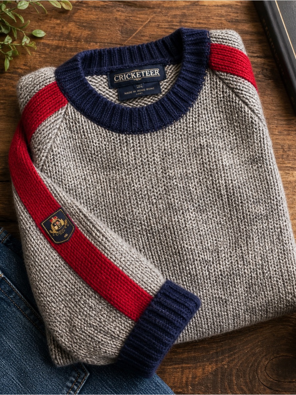 Vintage Cricketeer Wool Blend Chunky Knit Sweater XL Gray Red Raglan